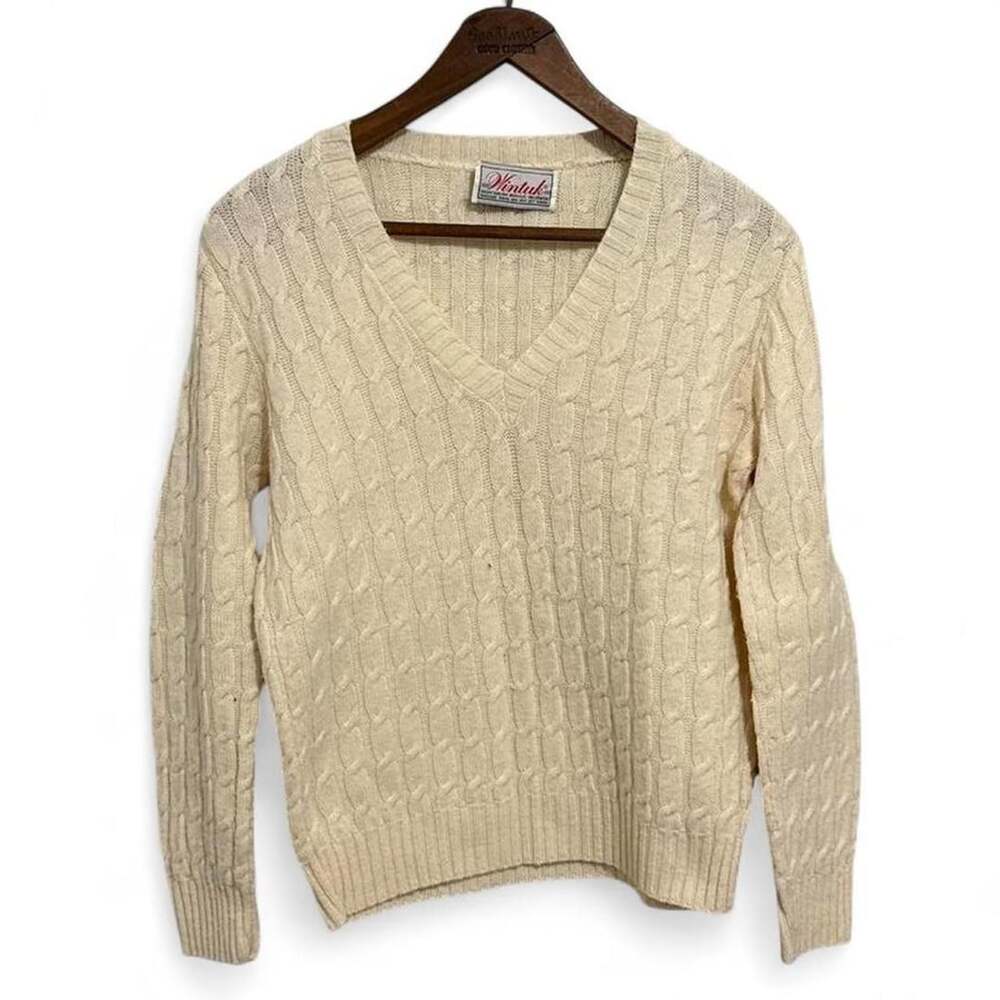 Wintuk Cable Knit V-Neck Sweater Medium Cream Orlon
